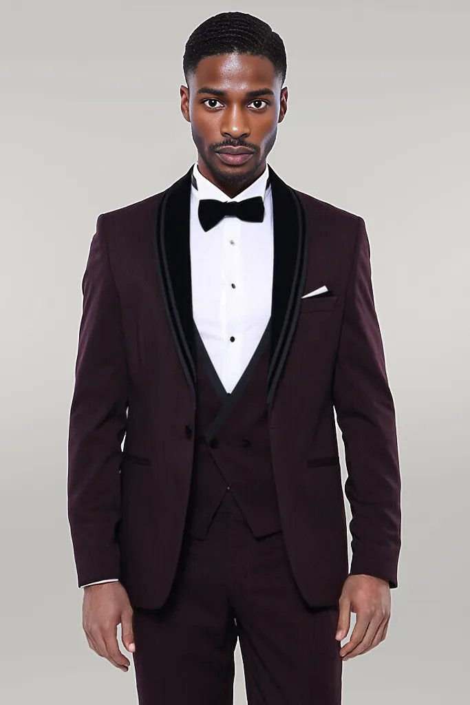 Detachable Velvet Lapel Burgundy Tuxedo - Wessi