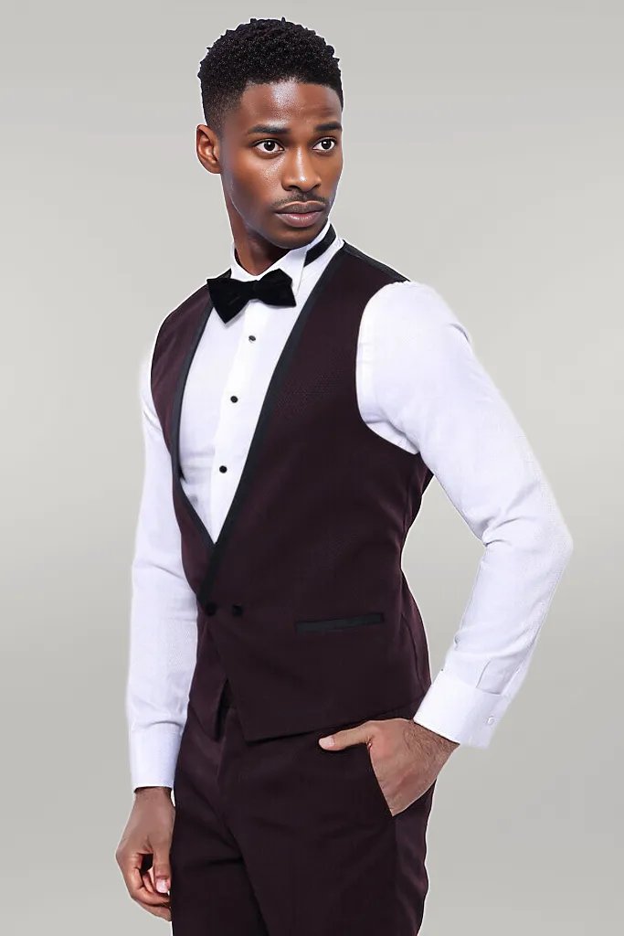 Detachable Velvet Lapel Burgundy Tuxedo - Wessi