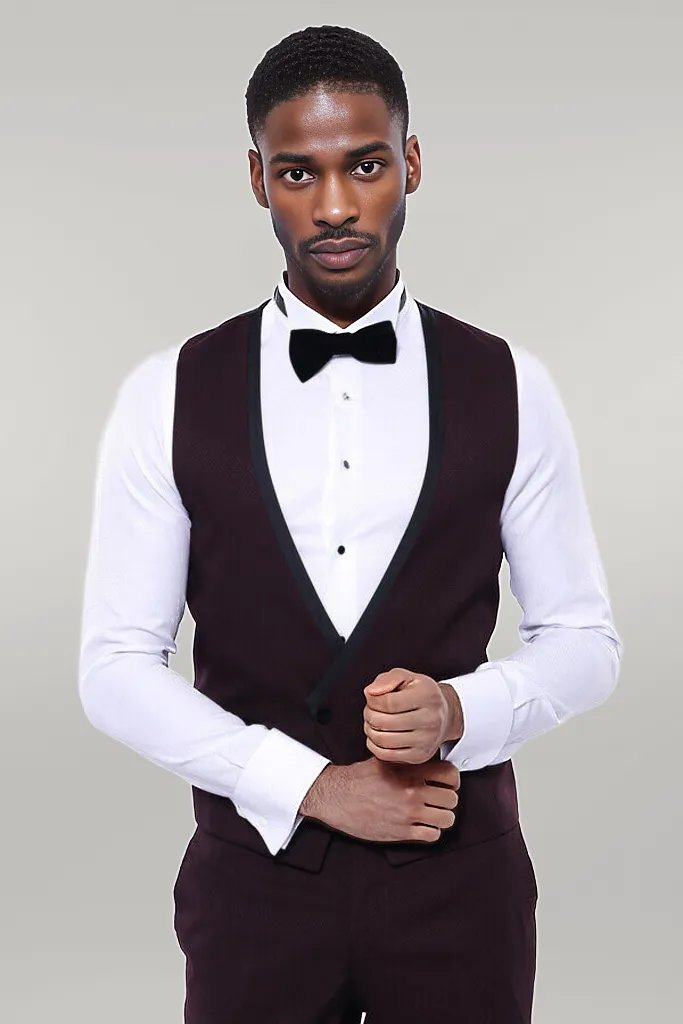 Detachable Velvet Lapel Burgundy Tuxedo - Wessi