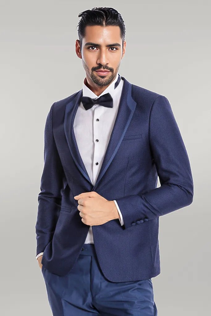 Dot Patterned Dark Blue Tuxedo - Wessi