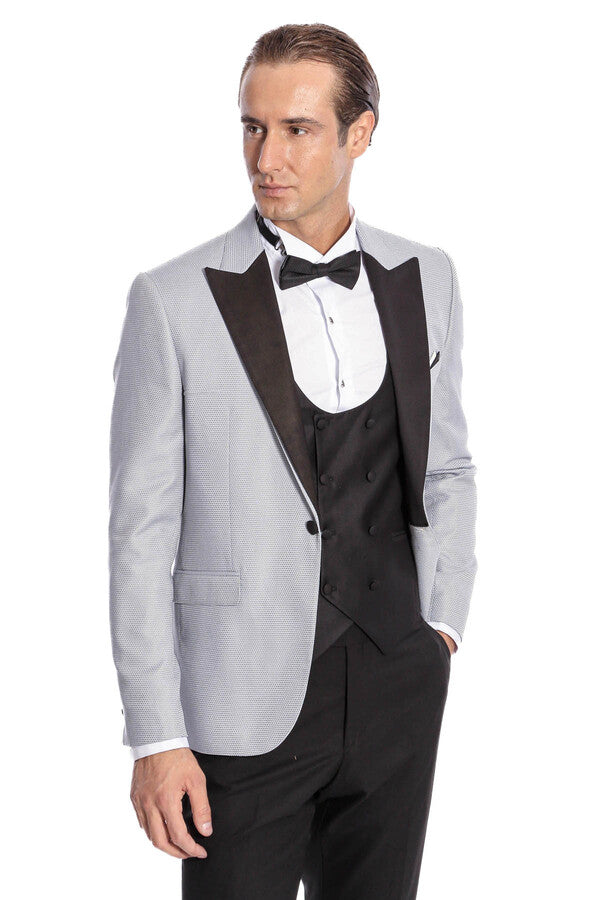Dot Patterned Grey Vested Tuxedo - Wessi