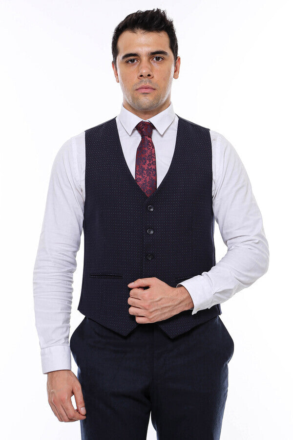 Dot Patterned Navy Blue Vest - Wessi