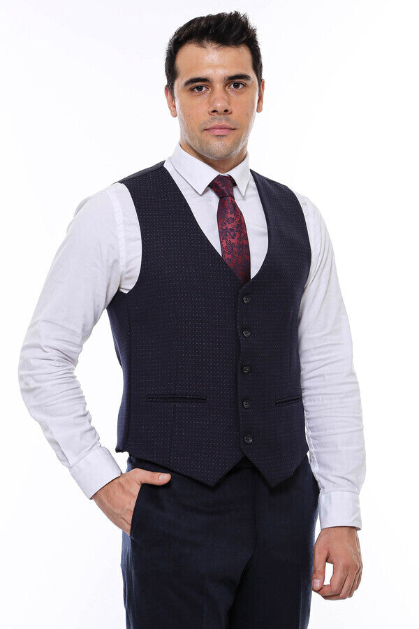 Dot Patterned Navy Blue Vest - Wessi