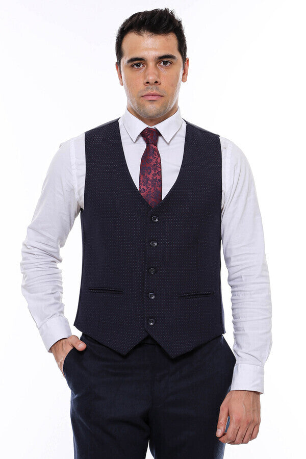 Dot Patterned Navy Blue Vest - Wessi