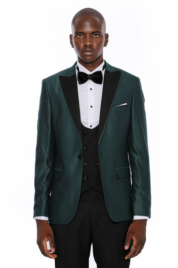 Double Breasted Patterned Green Men Tuxedo - Wessi