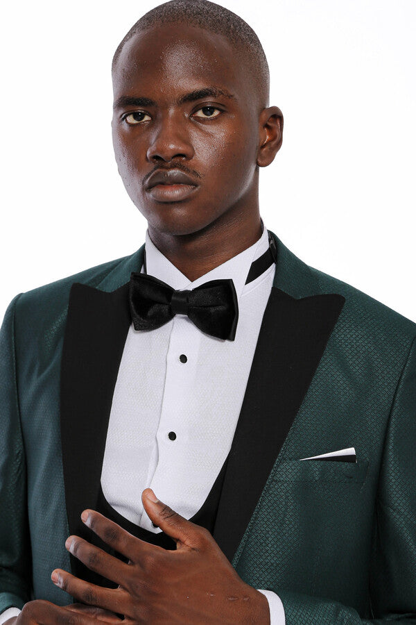 Double Breasted Patterned Green Men Tuxedo - Wessi