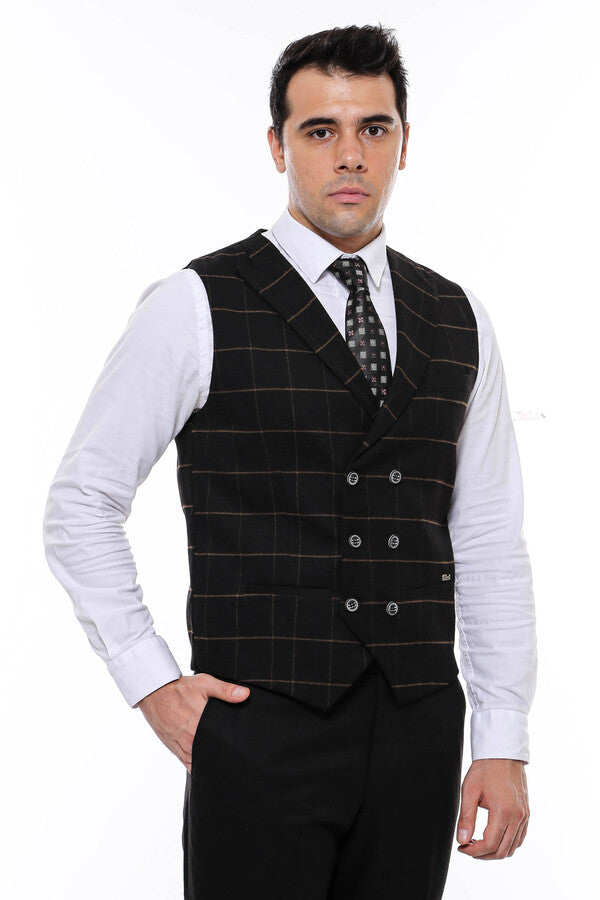 Double Breasted Plaid Black Men Vest - Wessi