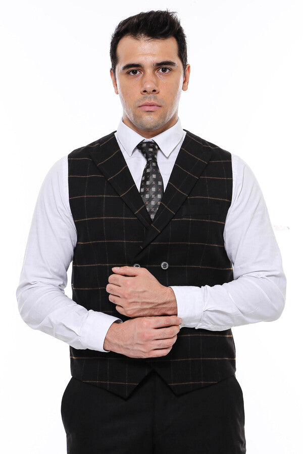 Chaleco Hombre Cruzado Cuadros Negro - Wessi
