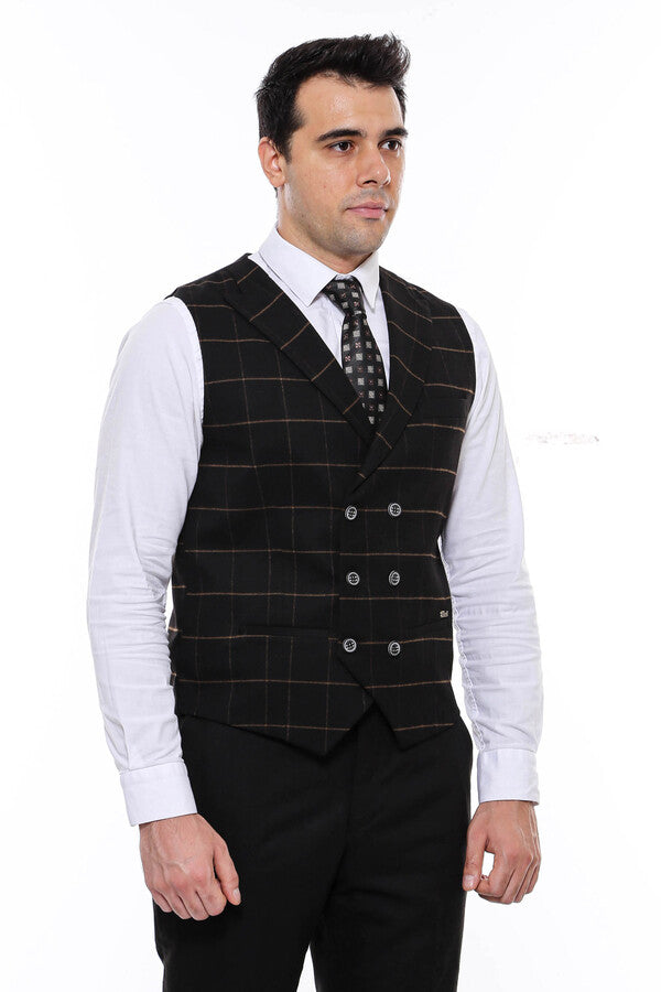 Double Breasted Plaid Black Men Vest - Wessi