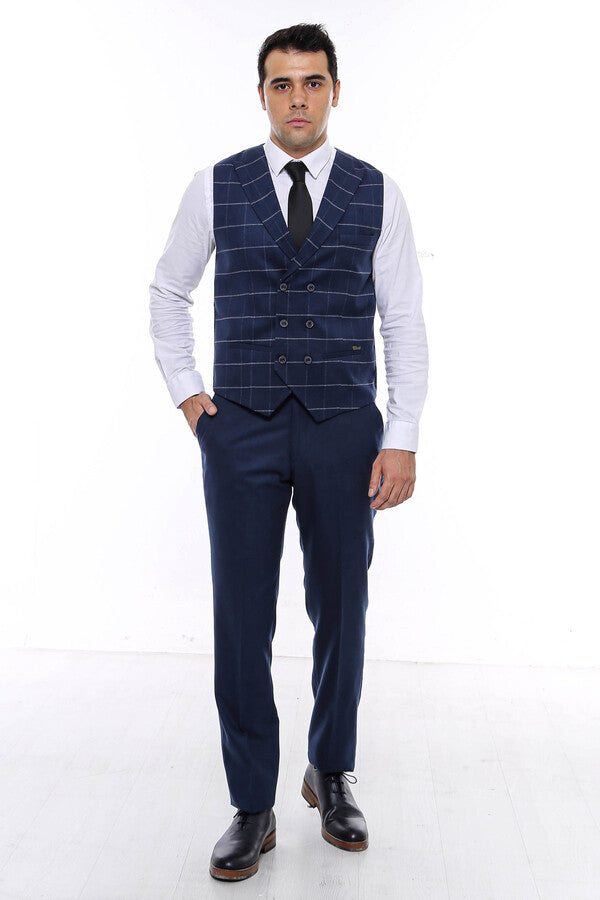 Double Breasted Plaid Blue Men Vest - Wessi