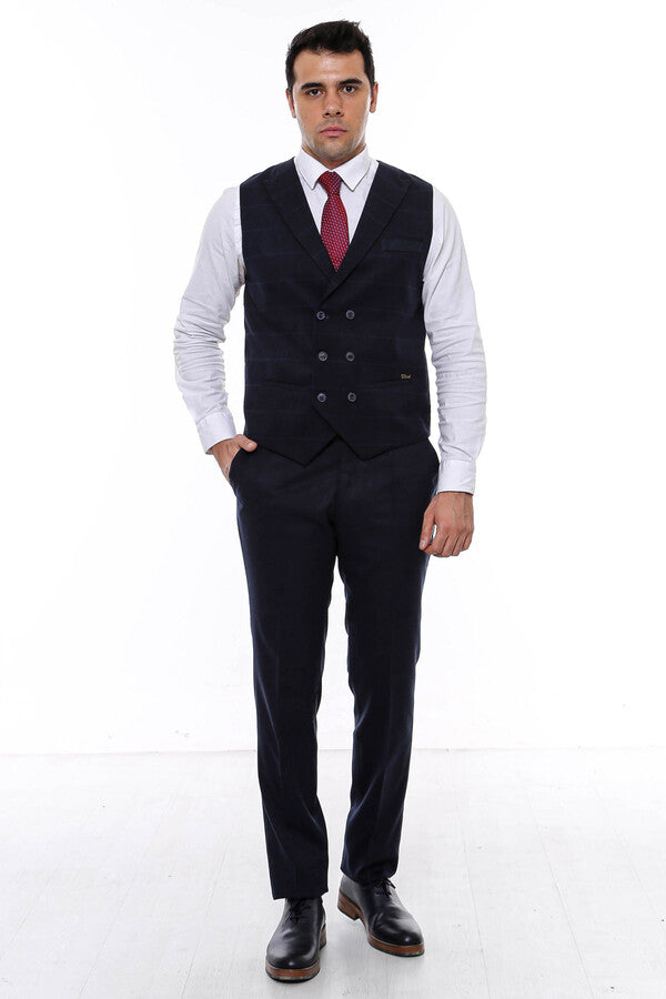 Double Breasted Plaid Navy Blue Men's Vest - Wessi