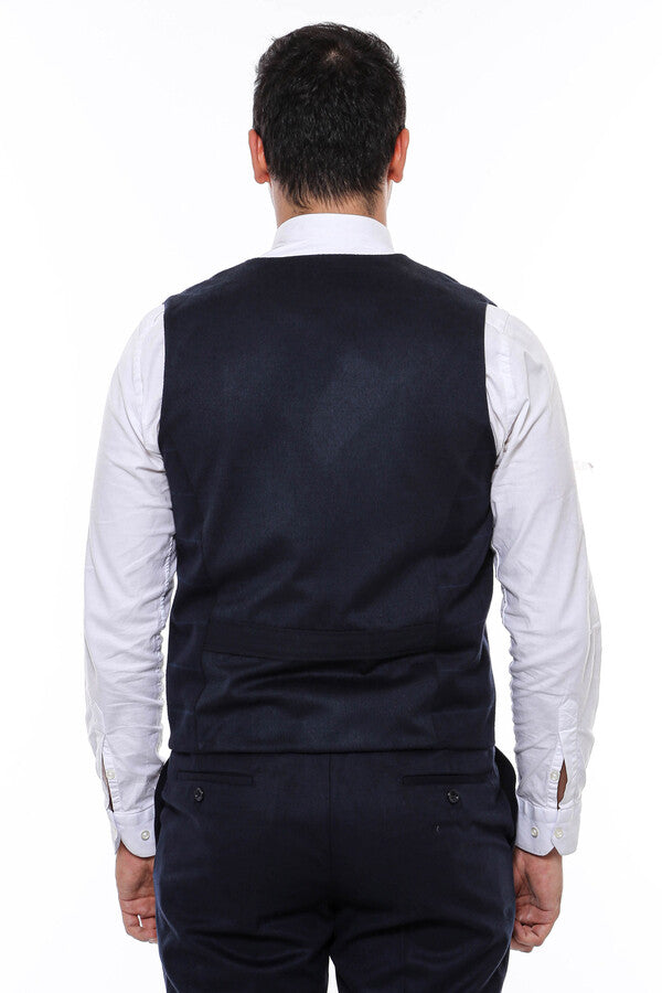 Double Breasted Plaid Navy Blue Men's Vest - Wessi