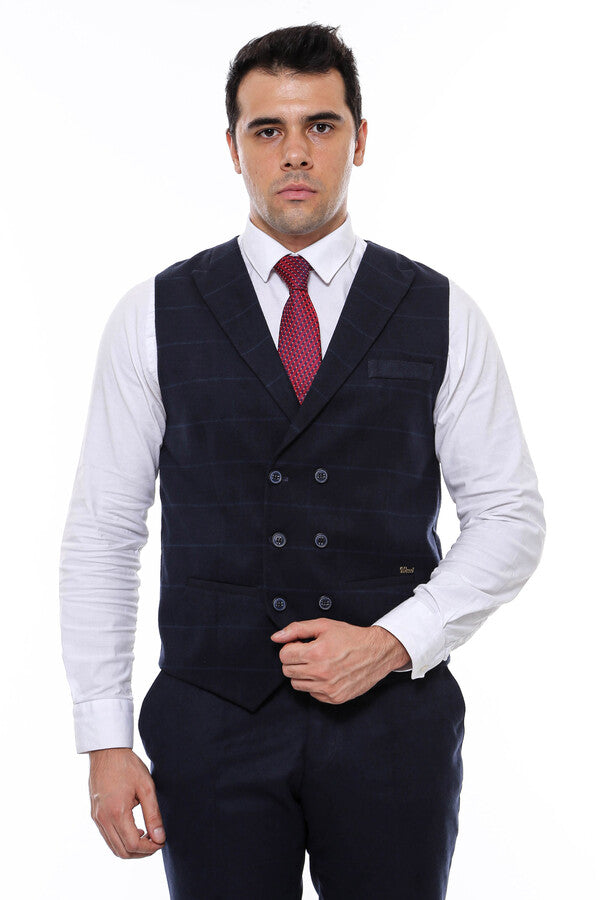 Double Breasted Plaid Navy Blue Men's Vest - Wessi