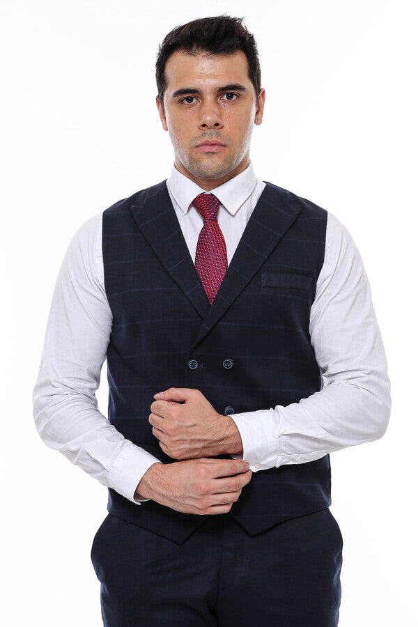 Double Breasted Plaid Navy Blue Men's Vest - Wessi