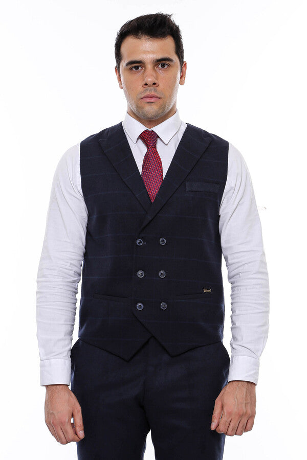 Double Breasted Plaid Navy Blue Men's Vest - Wessi