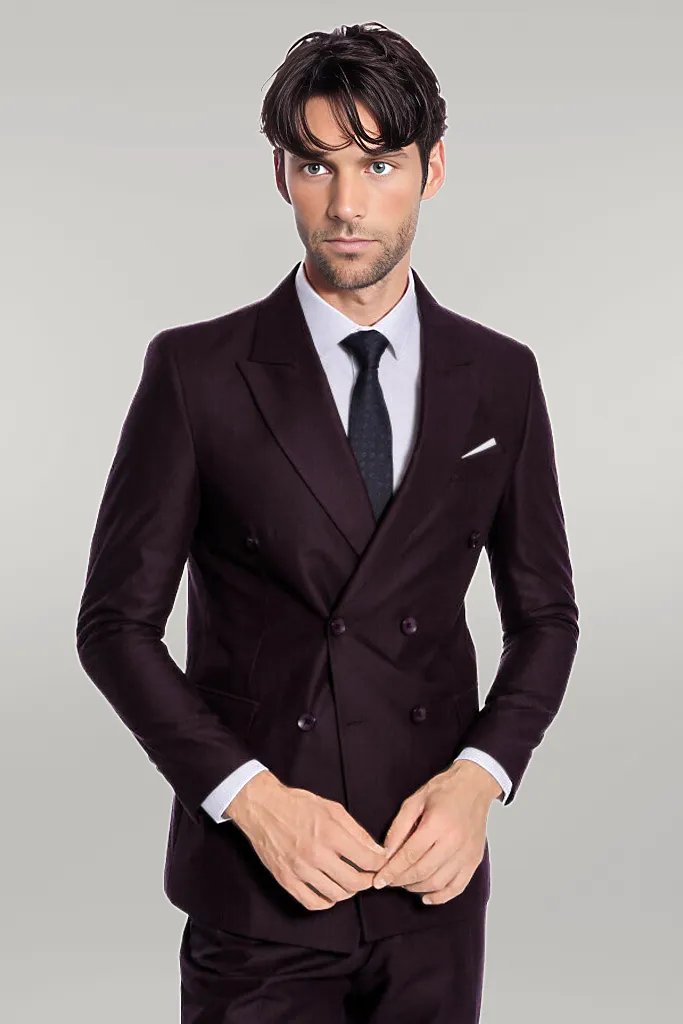 Double Breasted Plain Wide Lapel Purple Men Suit - Wessi