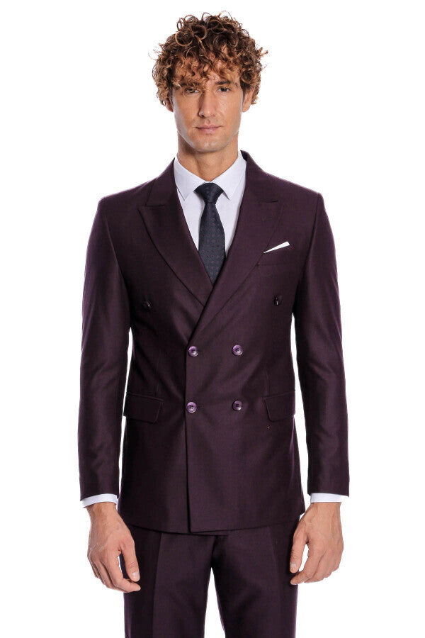 Double Breasted Plain Wide Lapel Purple Men Suit - Wessi
