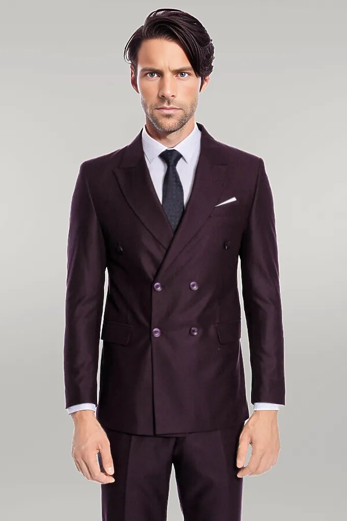 Double Breasted Plain Wide Lapel Purple Men Suit - Wessi