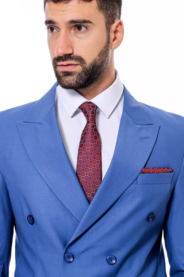 Double Breasted Slim Fit Blue Men Suit - Wessi