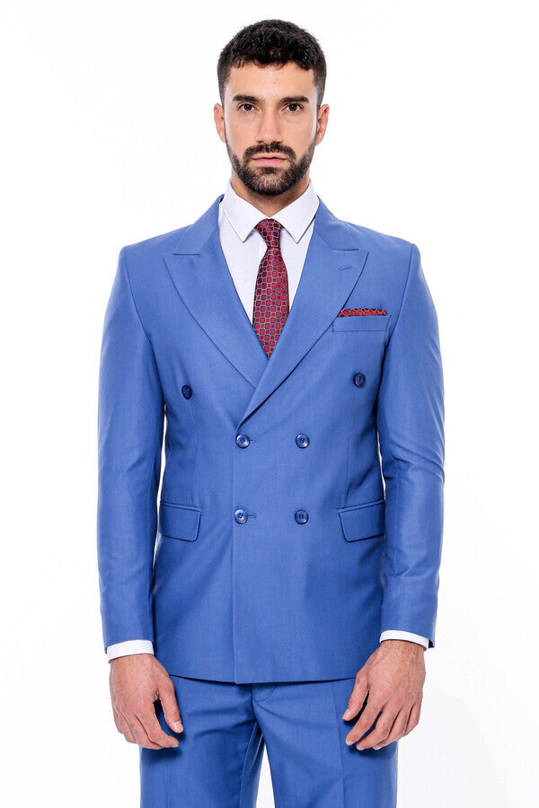 Double Breasted Slim Fit Blue Men Suit - Wessi