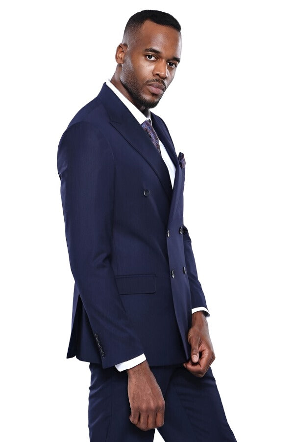 Double Breasted Slim Fit Navy Blue Men Suit - Wessi