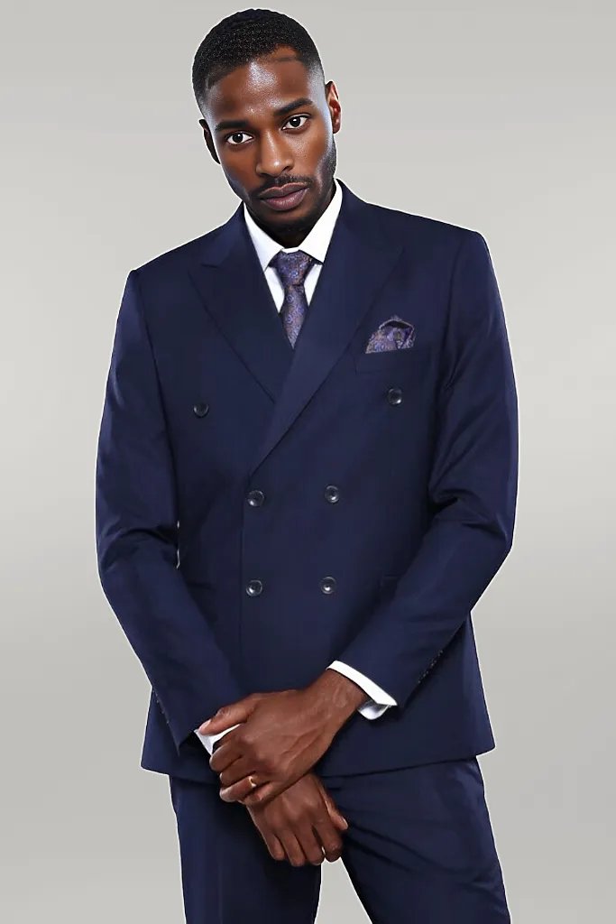 Double Breasted Slim Fit Navy Blue Men Suit Wessi