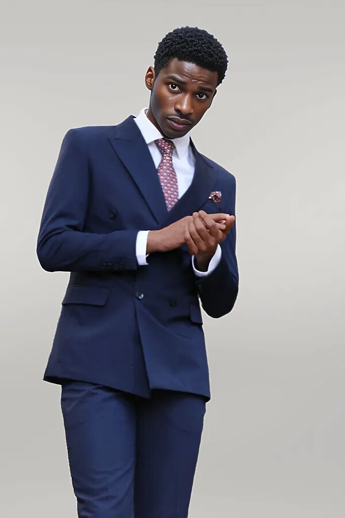 Double Breasted Slim Fit Navy Blue Men Suit - Wessi