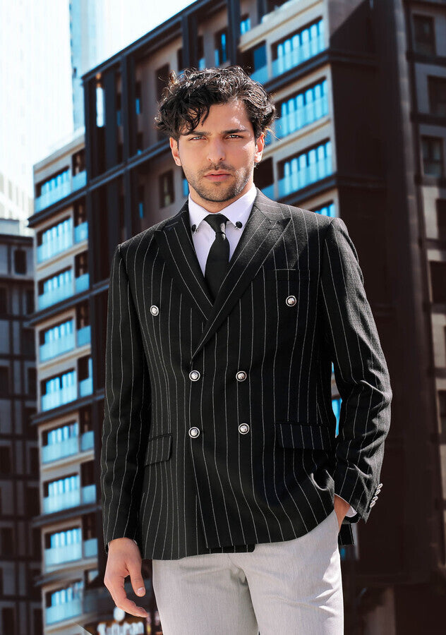 Double Breasted Slim Fit Striped Black Men Blazer - Wessi