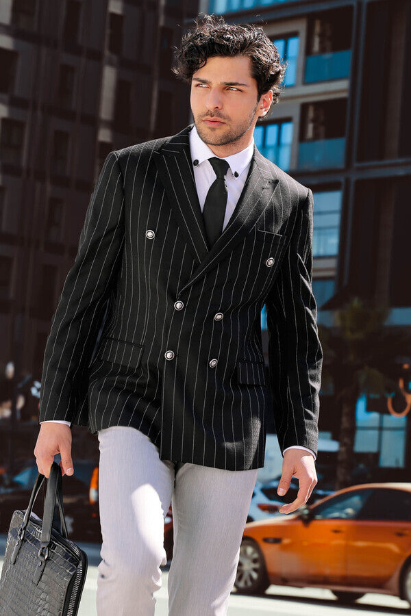 Double Breasted Slim Fit Striped Black Men Blazer - Wessi