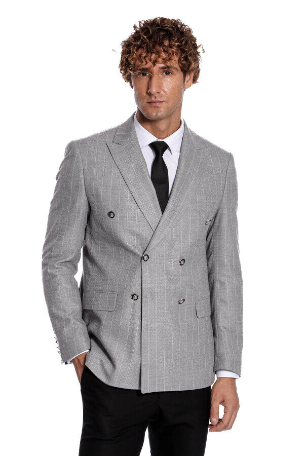 Double Breasted Slim Fit Striped Grey Men Blazer - Wessi