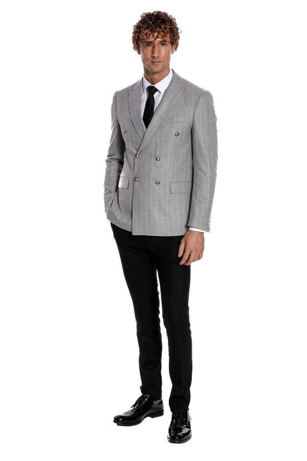 Double Breasted Slim Fit Striped Grey Men Blazer - Wessi