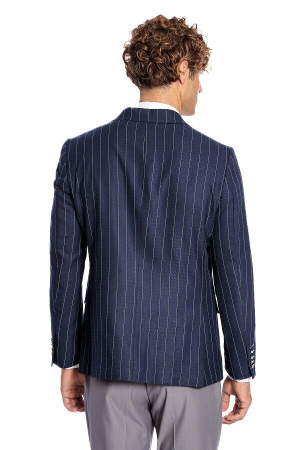 Double Breasted Slim Fit Striped Navy Blue Men Blazer - Wessi