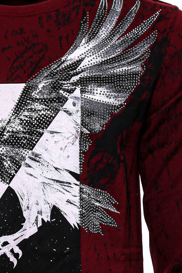 Eagle Patterned Slim Fit Burgundy Sweatshirt - Wessi