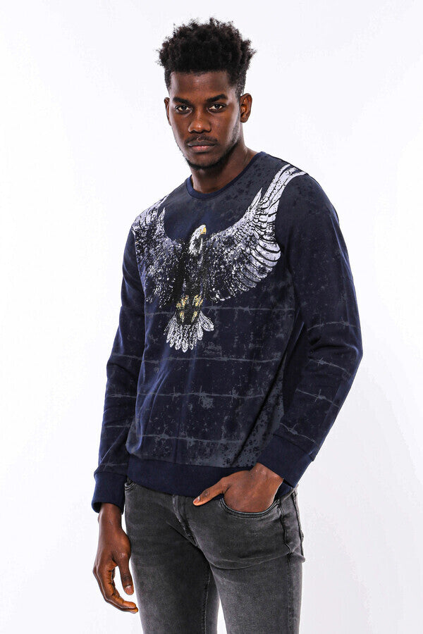Eagle Patterned Slim Fit Navy Blue Sweatshirt - Wessi
