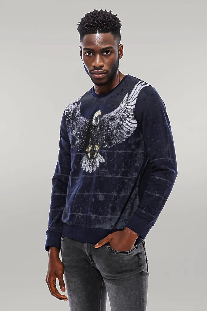 Eagle Patterned Slim Fit Navy Blue Sweatshirt - Wessi