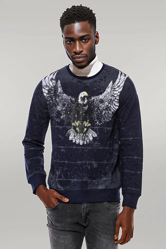 Eagle Patterned Slim Fit Navy Blue Sweatshirt - Wessi