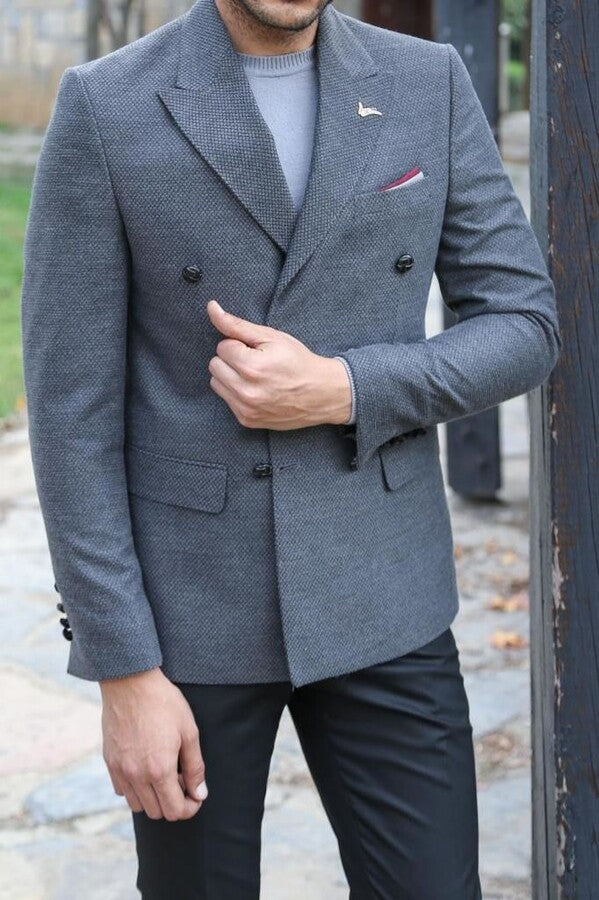 Double Breasted Slim Fit Grey Blazer - Wessi
