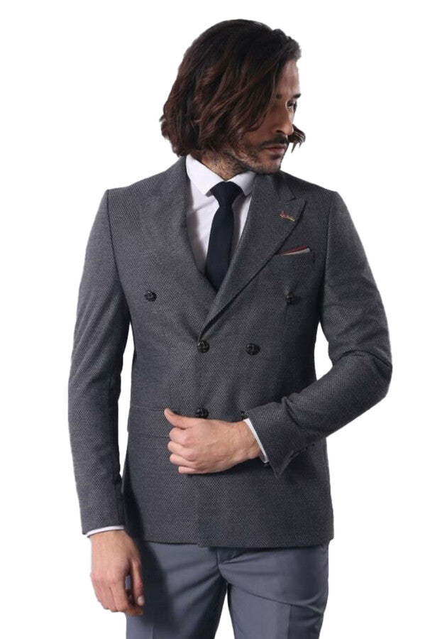 Double Breasted Slim Fit Grey Blazer - Wessi