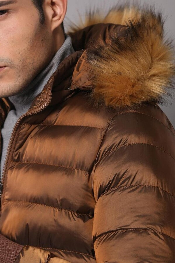 Fur Hooded Men's Puffer Coat in Tan | Wessi