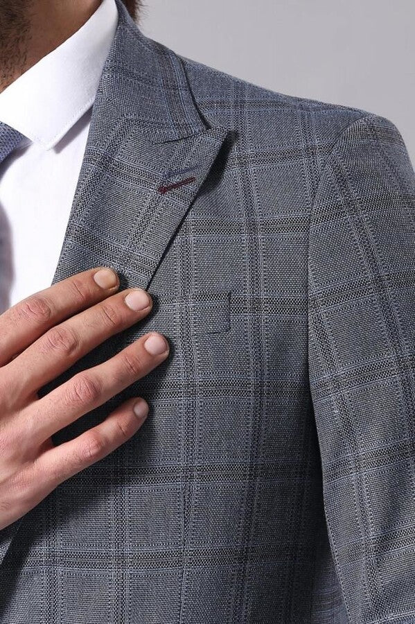 Grey Checked Men's Slim Fit Blazer - Wessi
