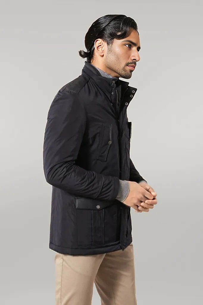 Leather Modeled Navy Blue Slim Fit Quilted Jacket - Wessi