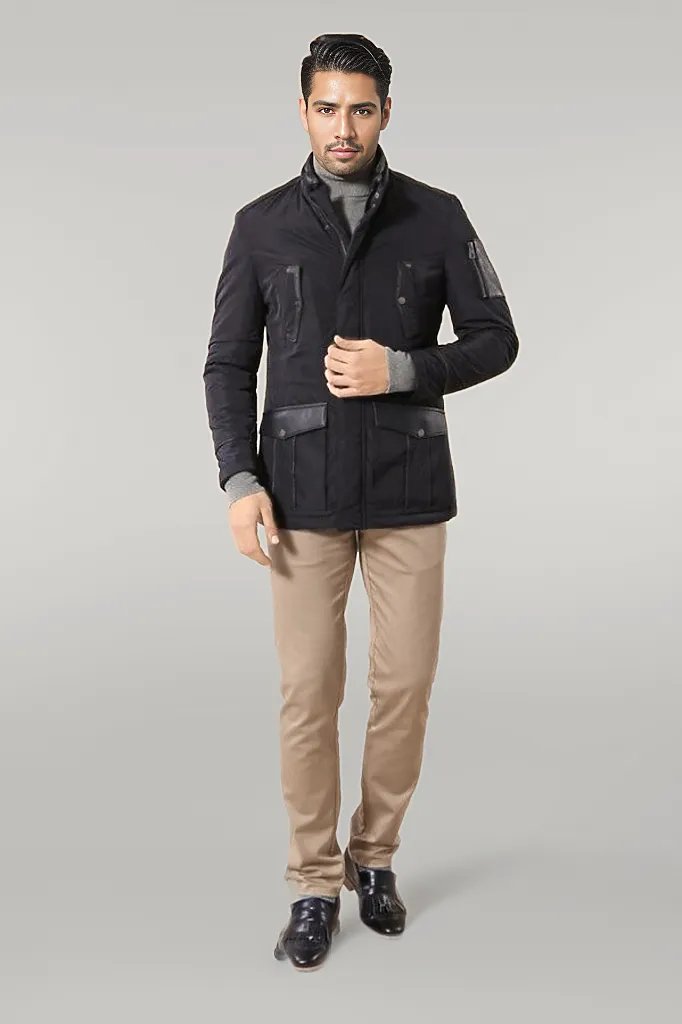 Leather Modeled Navy Blue Slim Fit Quilted Jacket - Wessi