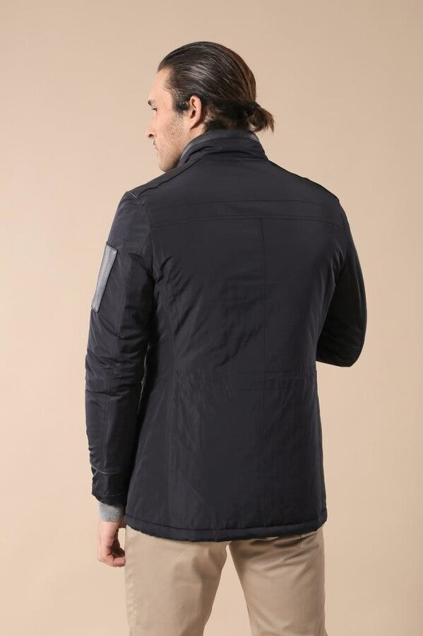 Leather Modeled Navy Blue Slim Fit Quilted Jacket - Wessi