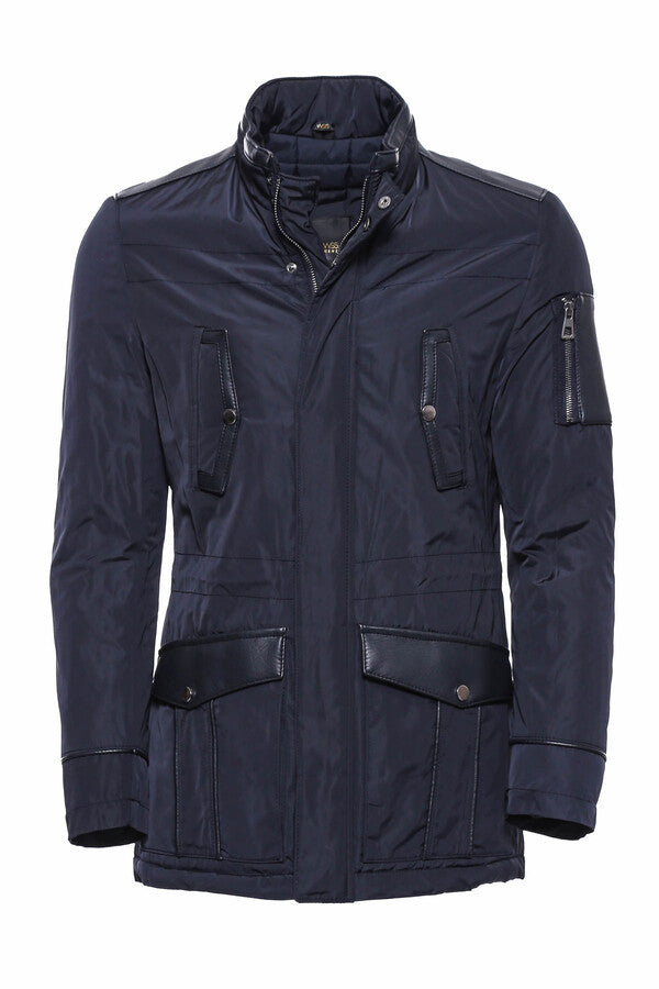 Leather Modeled Navy Blue Slim Fit Quilted Jacket - Wessi