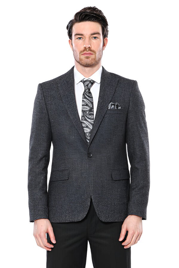 Peak Lapel Dark Grey Blazer - Wessi