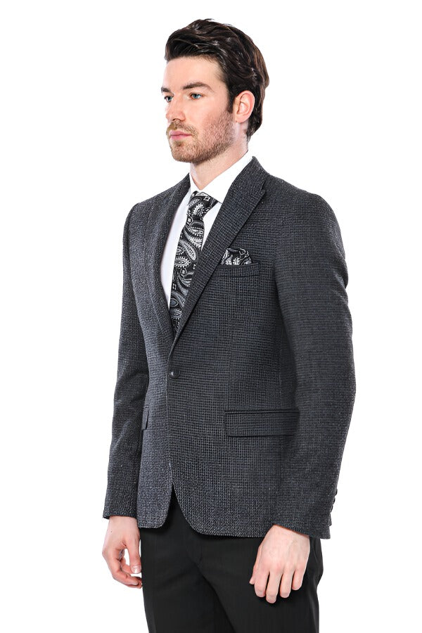 Peak Lapel Dark Grey Blazer - Wessi