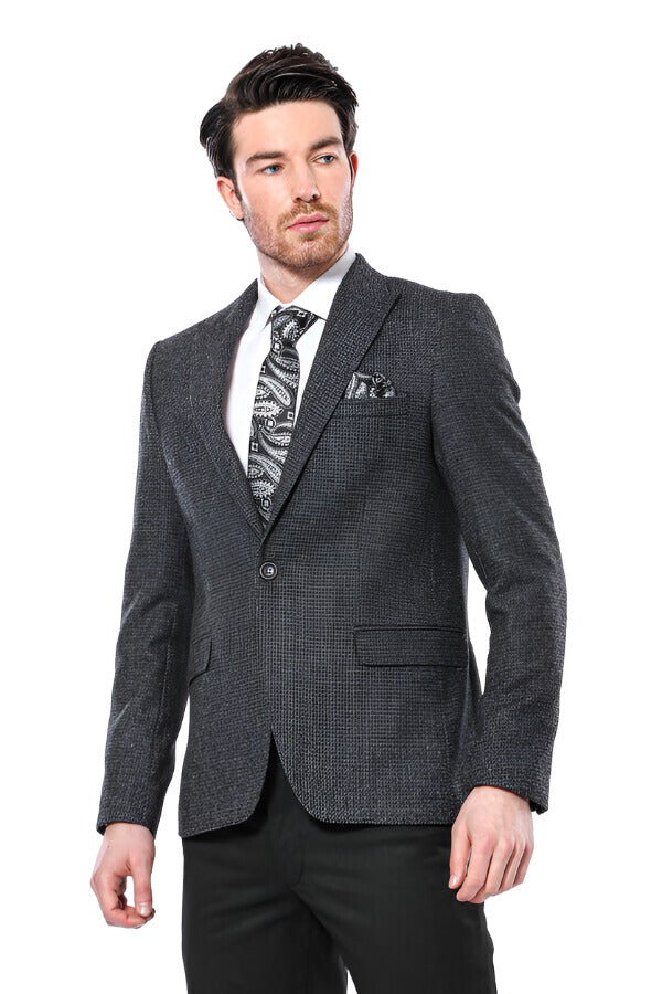 Peak Lapel Dark Grey Blazer - Wessi