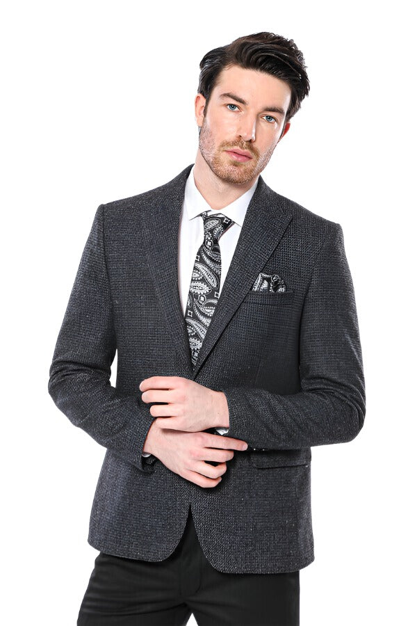 Peak Lapel Dark Grey Blazer - Wessi