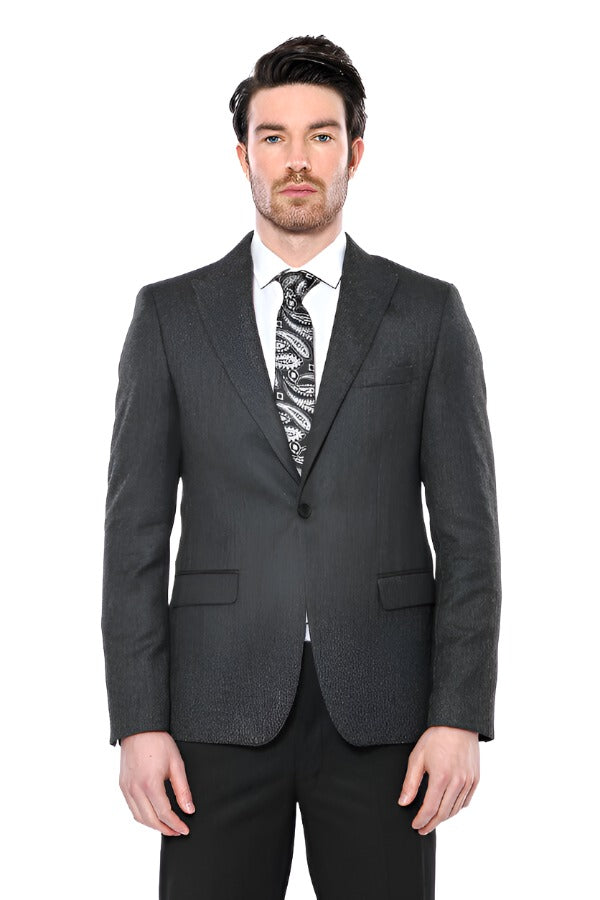 Peak Lapel Dark Grey Blazer - Wessi