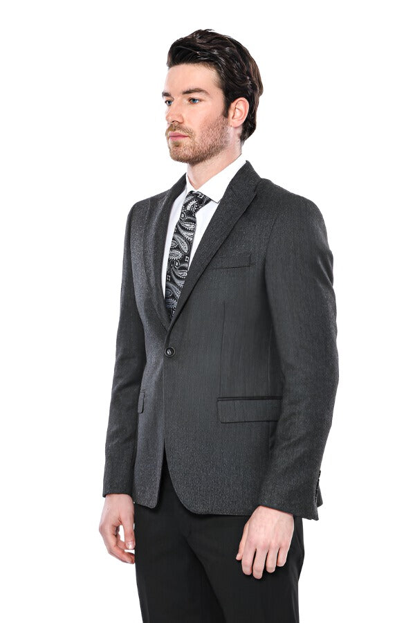 Peak Lapel Dark Grey Blazer - Wessi